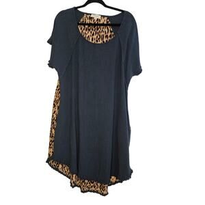 Umgee Plus Linen Green Leopard animal print Hi-low shift dress size 2XL